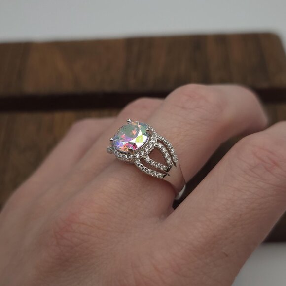 Size 9.75 Sterling Silver Rainbow Cubic Zirconia Gem Ring A922 - Picture 4 of 9